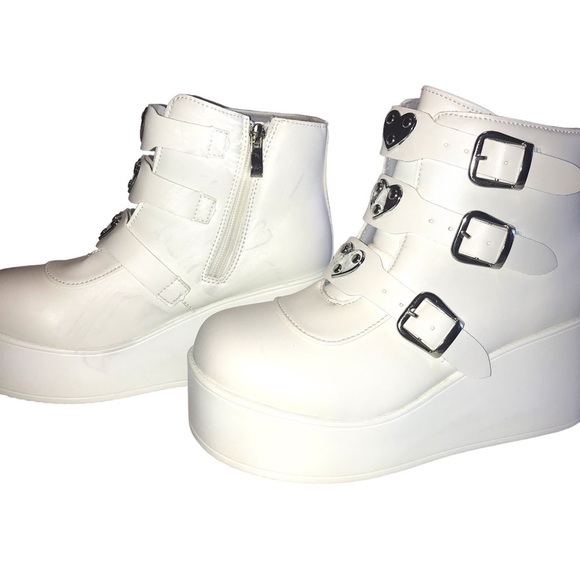 LUCKY STEP Women Platform Chunky Sole Ankle Boots White Goth Booties Size 7.5 - Picture 3 of 12